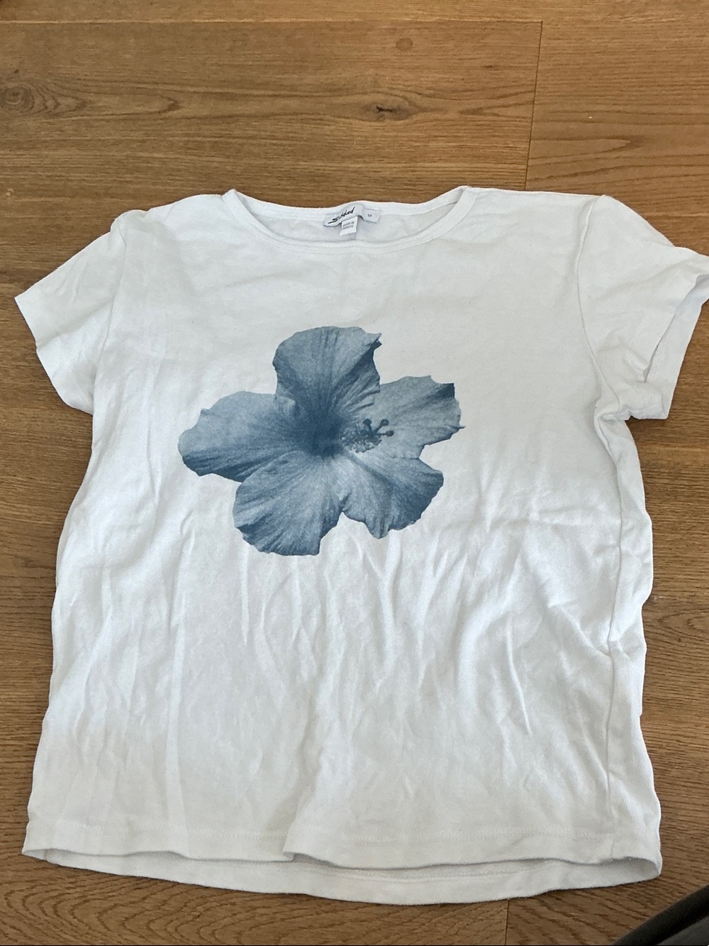 White Short-Sleeve Tee with Blue Floral Print